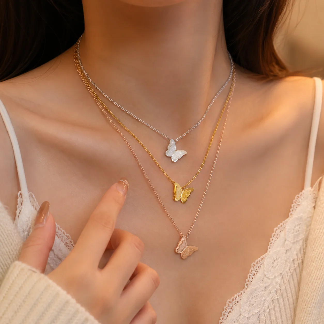 Titanium steel choker necklace featuring delicate butterfly pendant in minimalist cold-tone finish • O-chain design • 21–50 cm a