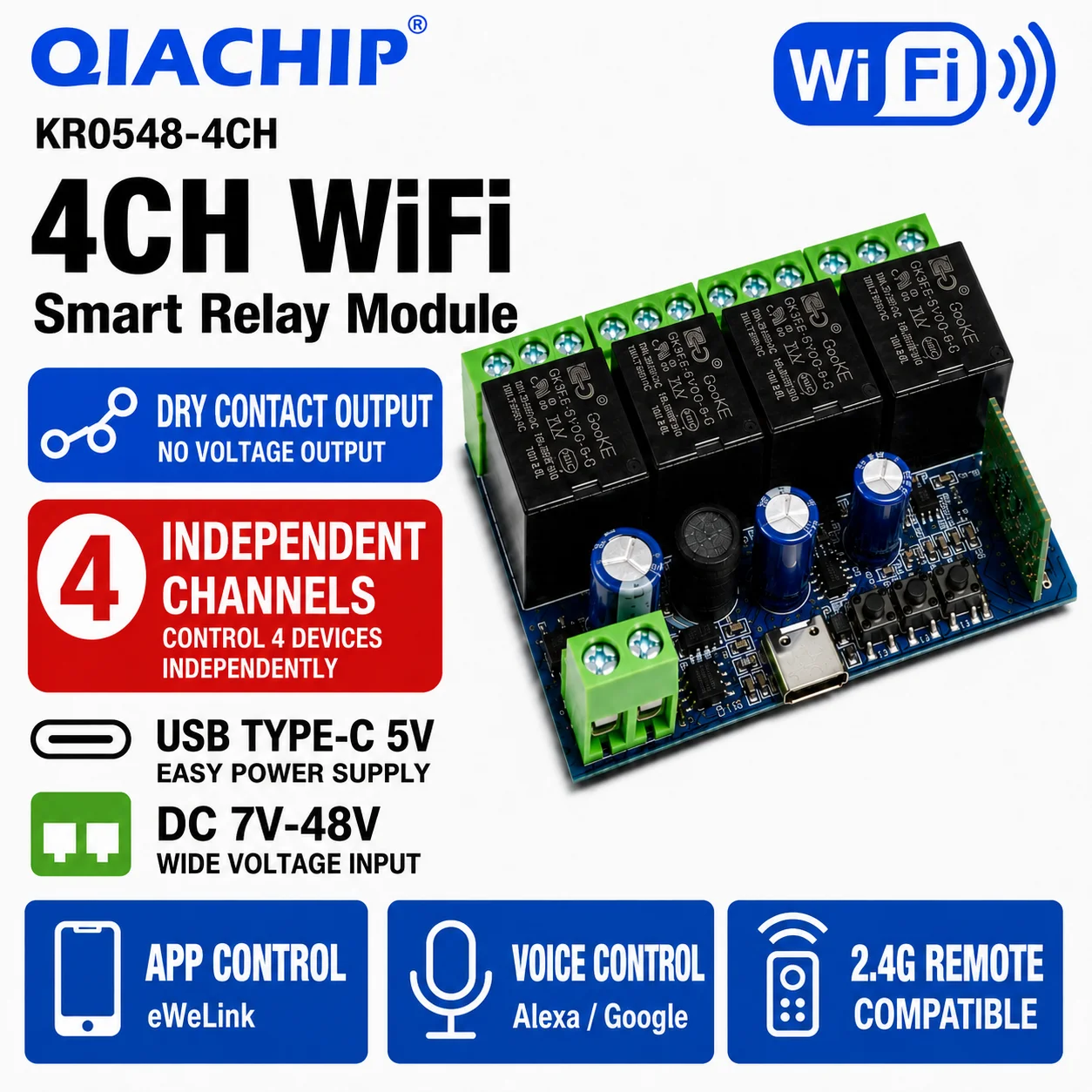 4-Kanal Smart WLAN-Schalter, intelligentes Relaismodul DC 5V 12V 24V 48V, drahtloser Schalter mit Timer, Fernbedienung per Smartphone für eWeLink Google Home