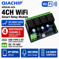 Interruttore WiFi Intelligente a 4 Canali, Modulo Relè Smart DC 5V 12V 24V 48V, Interruttore Wireless con Timer e Controllo Remoto da Telefono per EWeLink Google Home