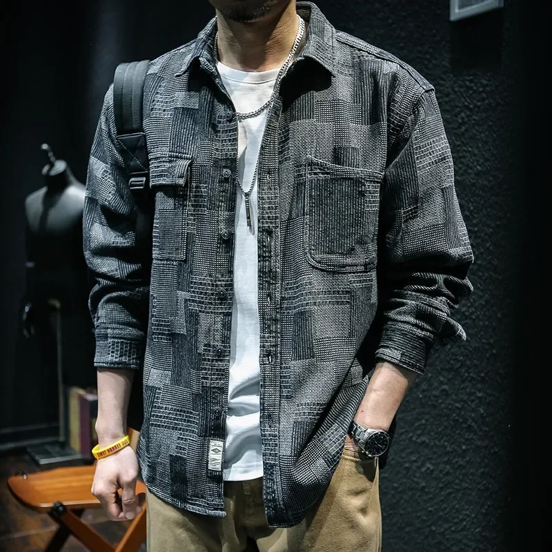 Retro Plaid Long Sleeved Denim Shirt For Men Fashion Loose Cargo Shirt Jacket Coat Y2k Streetwear Korean Trend Men Clothing