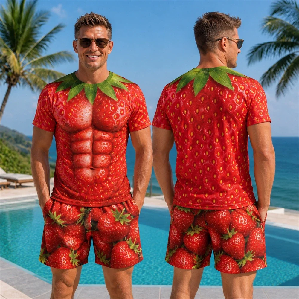 Men 3D Fruit Muscle Print Short Sleeve T Shirt And Shorts Set Funny Watermelon Mango Lemon Beach Vacation Tops