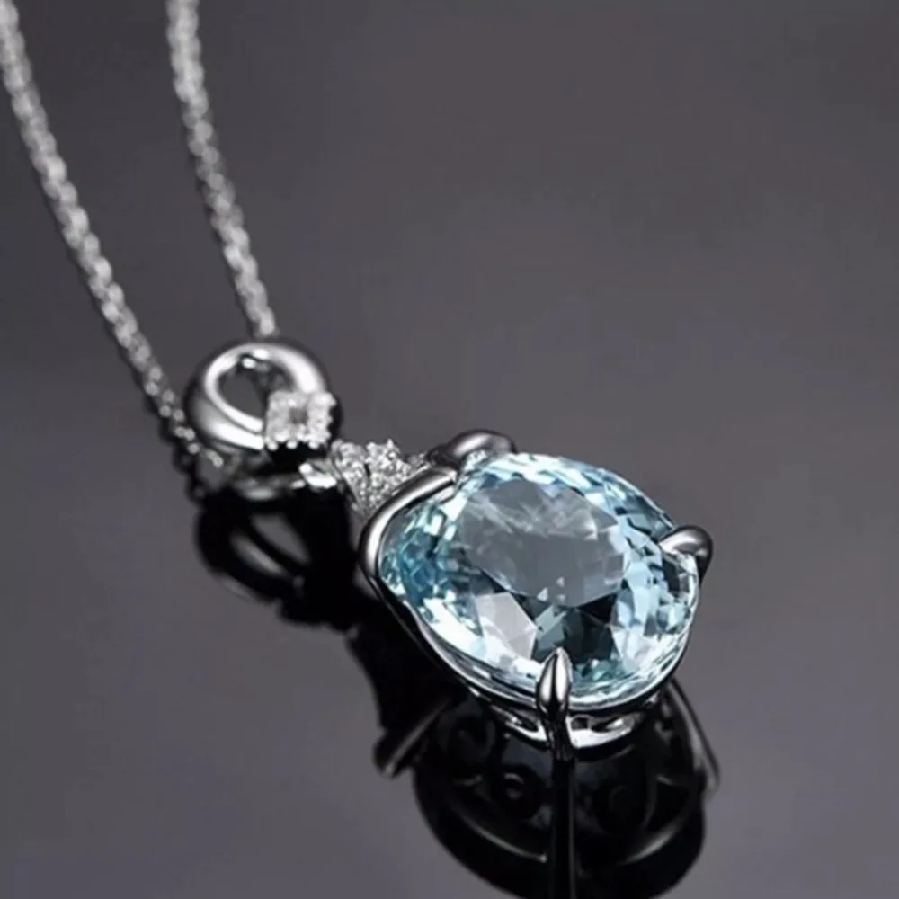 Luxury Simple High Quality Aquamarine 5A Zircon Pendant Necklace for Women Valentine's Day Stainless Steel Collar Chain Jewelry