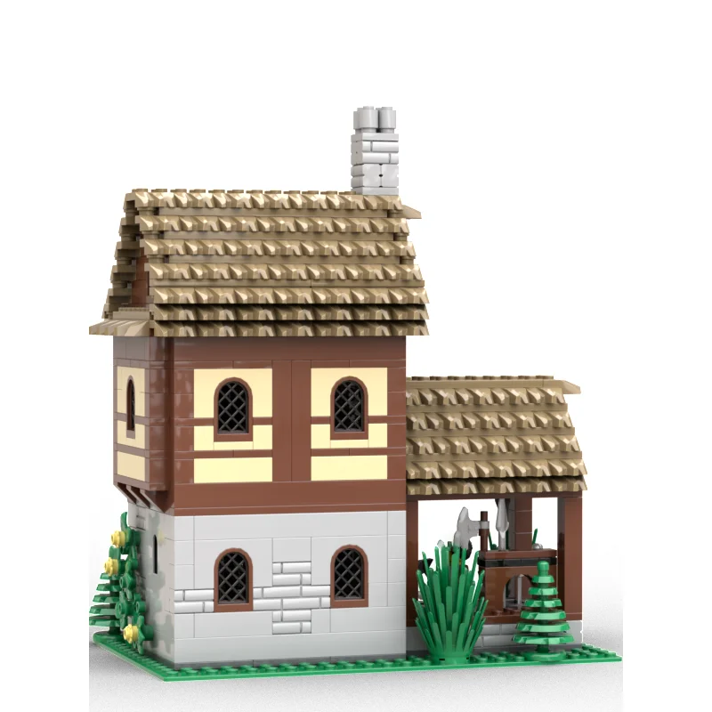 ปราสาทยุคกลางรุ่น Moc Building Blocks Blacksmith's House รุ่นเทคโนโลยีอิฐ DIY ประกอบของเล่นก่อสร้างวันหยุดของขวัญ