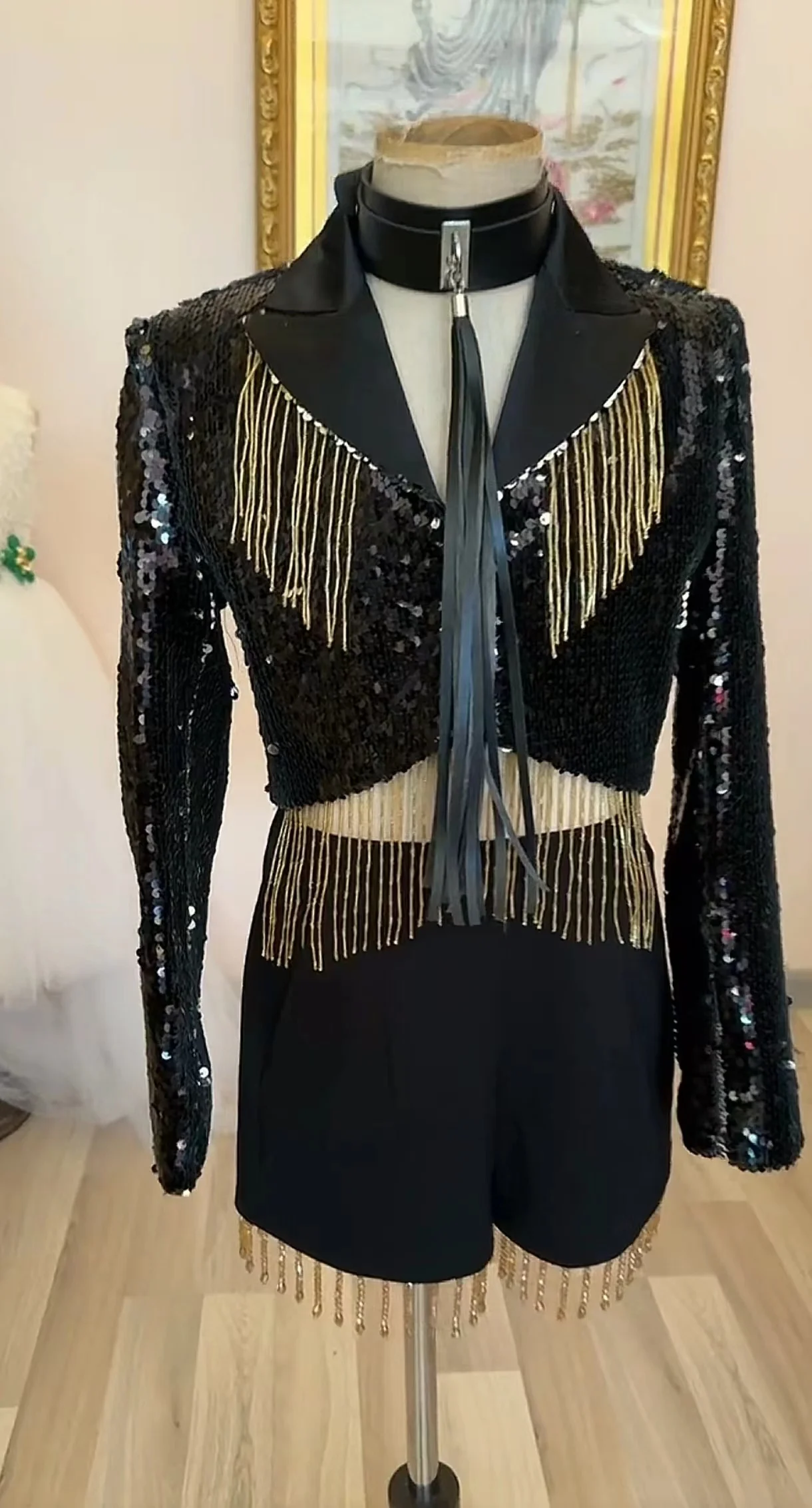 

Women Girl's Fashion Black Sequins Tassel Suits Costumes Bar Club Singer Dancer Stage Show Performance Clothes Party Theme wear