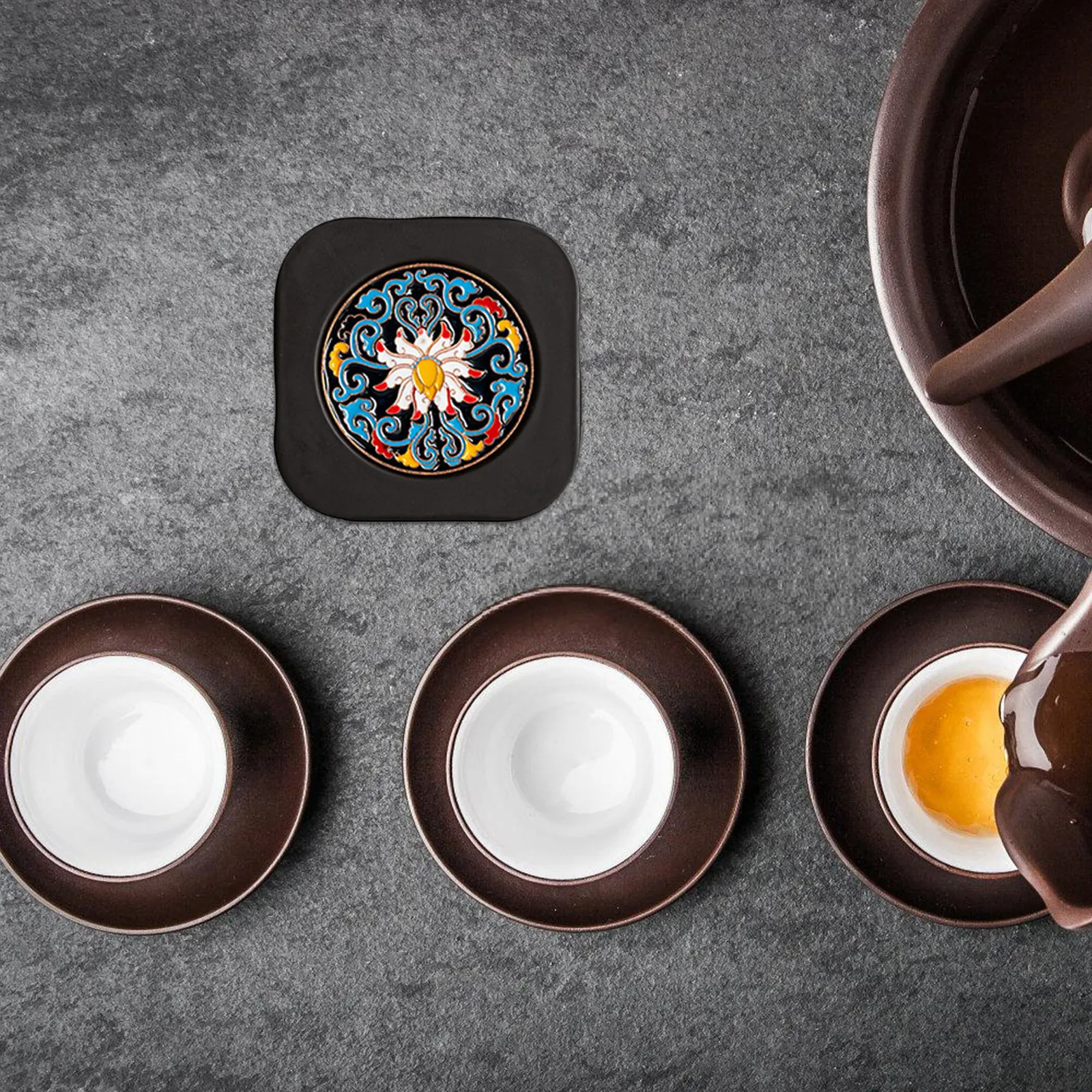 

1Set Elegant Enamel Teacup Mat Set Bakelite Anti Scald Heat Insulated Coaster for Tea Ceremony Desk Coffee Kitchen Decor Vintage