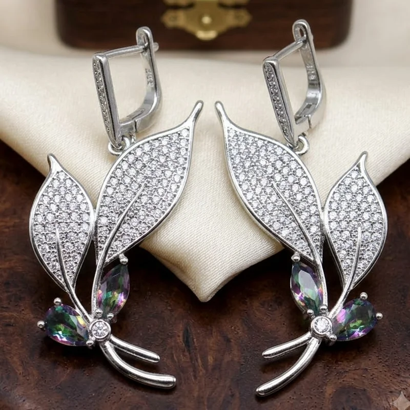 49x26mm SheCrown Fire Rainbow Mystic Topaz Real Red Ruby Real Blue Sapphire Women Wedding CZ Silver plated Dangle Earrings view 2