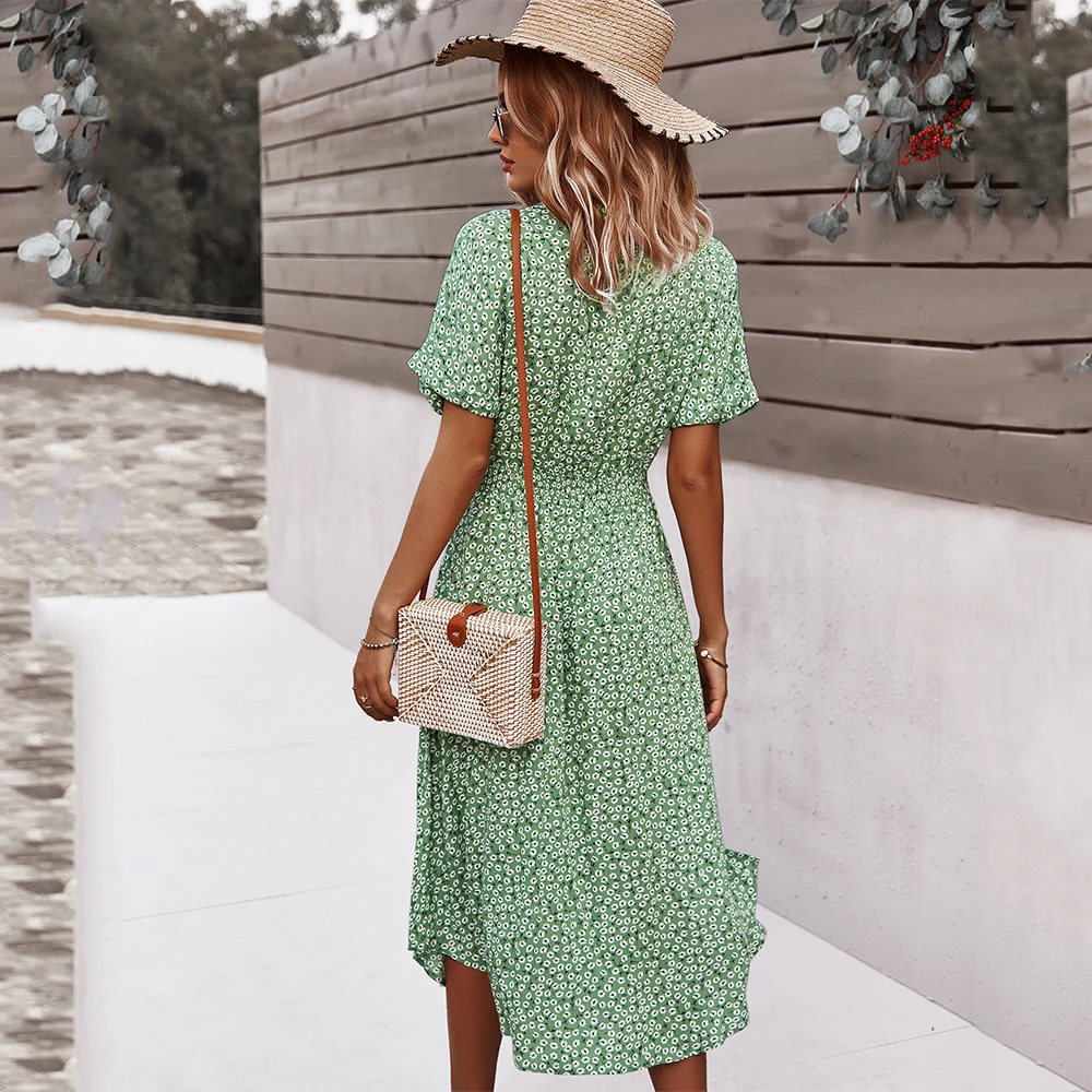 Abito longuette floreale da donna Casual manica corta con bottoni Abiti da vacanza 2023 Estate femminile con scollo a V Beach Boho Lace up Elegante abito