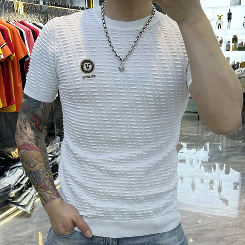 2023 Summer New Fashion Brand Slim Fit Elastic Personalized Jacquard Versatile Ice Silk Short Sleeve T-shirt Thin Knitted Shirt