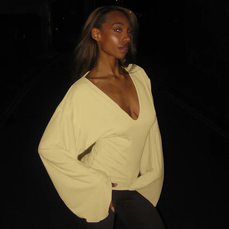 Deep V-neck Flare Long Sleeve T-shirts for Women Autumn Fashion Solid Basic Slim Tops Tees Female Streetwear Chic Tshirts