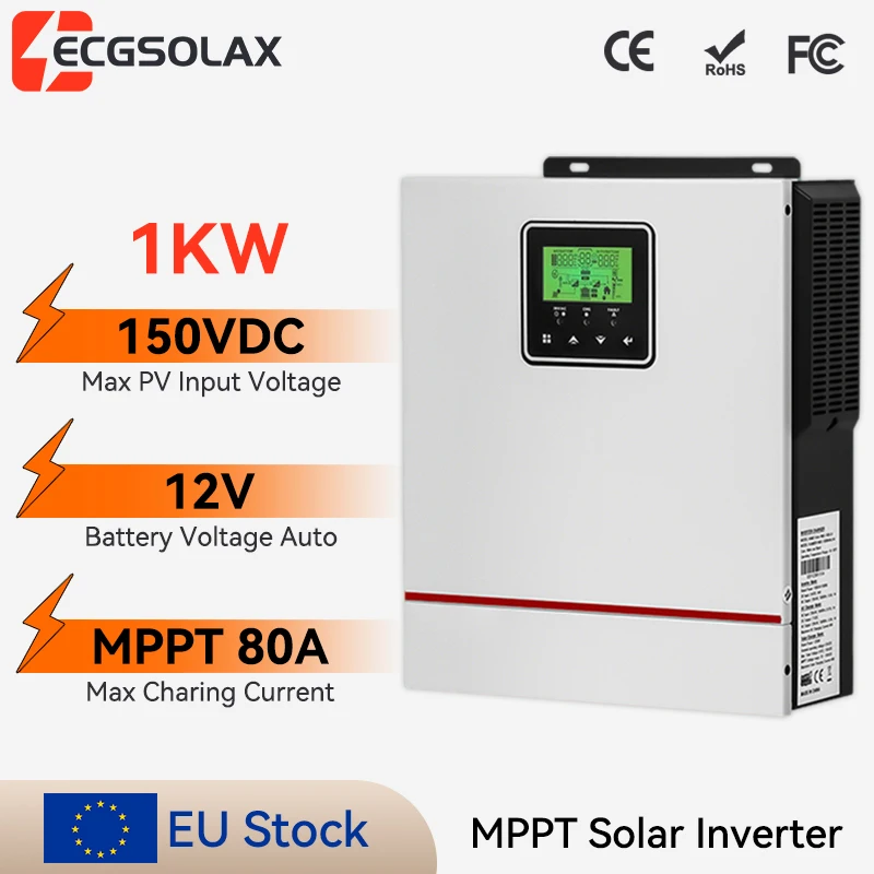 ECGSOLAX Onduleur Solaire Hybride 1KW 12V 220V avec Chargeur MPPT 80A, Onduleur Solaire Hybride Monophasé Hors Réseau, Max. Tension PV 150 VDC