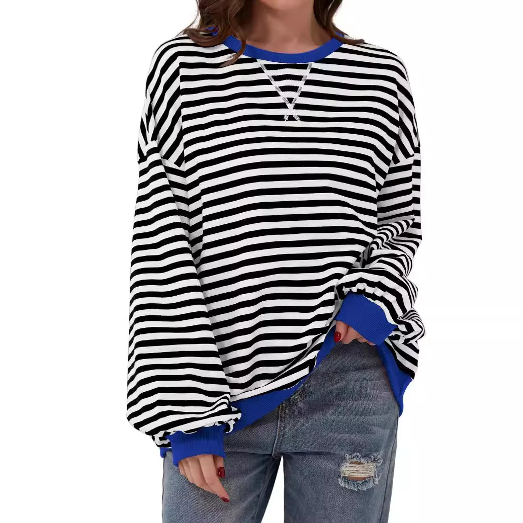 2024 Spring/Autumn Fashionable and Casual Commuting New Striped Pattern Round Neck Long Sleeve Hooded Color blocked T-shirt