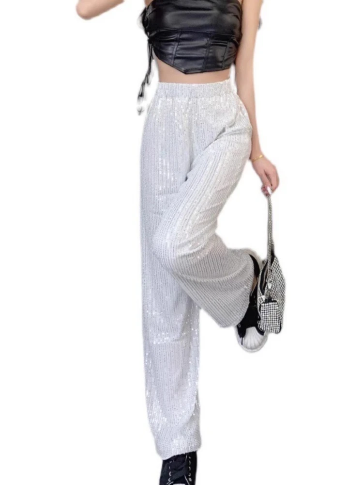 Pantalon taille haute en velours, à la mode, à paillettes, jambes larges, taille élastique, brillant, jambes droites, nouvelle collection automne