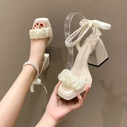 Fairy Style Fashion Square Toe Lace String Bead Party Wedding High Heels Elegant Pearl Sandals Women Summer Mid Heel Ladies Shoe