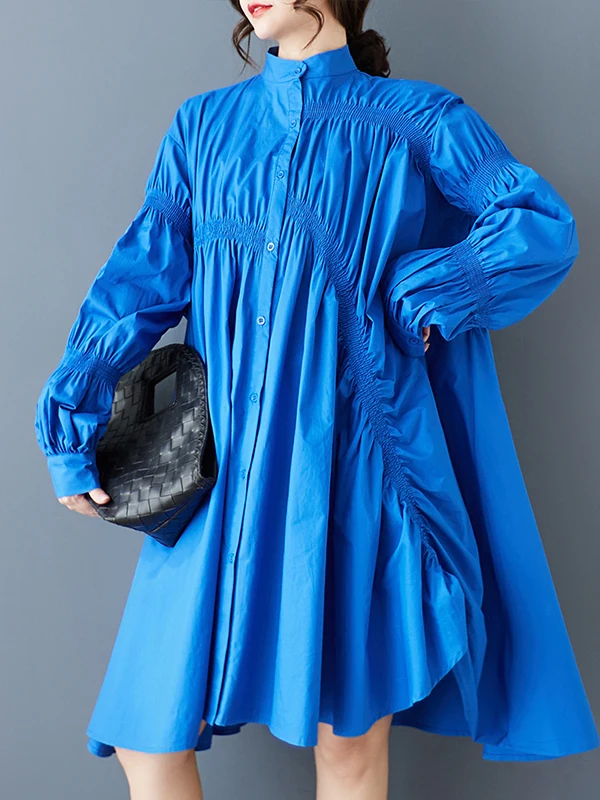 Loose Women's Bubble Sleeve Drawstring Dress Fashionable Asymmetrical Shirt Dress Korean Style Pure Color Commute Spring