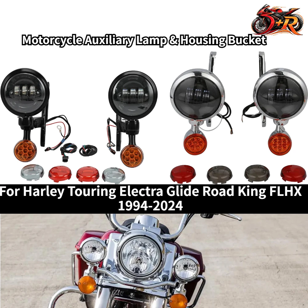 

For Harley Touring Electra Glide Road King FLHX 1994-2024 Motorcycle 4.5" LED Fog Light Passing Auxiliary Lamp & Housing Bucket