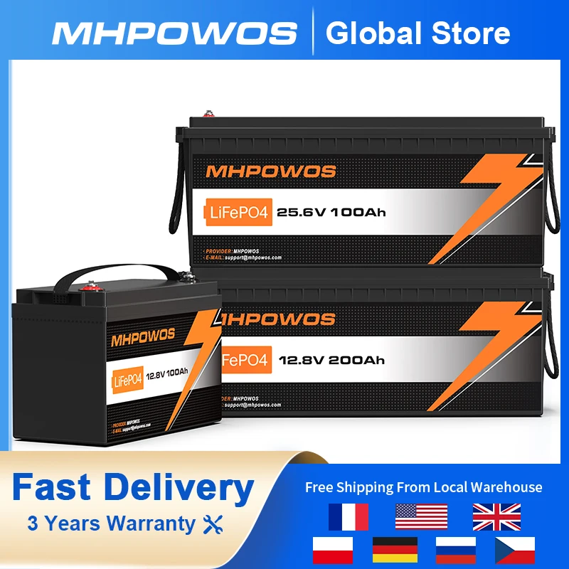 

MHPOWOS LiFePO4 Deep Cycle Lithium Battery 12V/24V 100AH 200AH Rechargeable Battery for Marine Solar Off-grid Golf Cart Solar