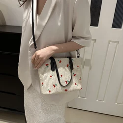 Cherry Straw Woven Tote Bag Fashion Shoulder Bag Large Capacity Simple Messenger Bag Adjustable Strap for Outdoor Travel