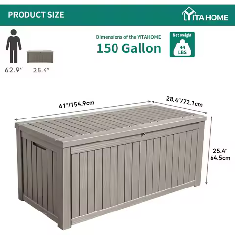 150 Gallon Large Deck Box with Divider, XL Waterproof Outdoor Storage Box, Resin, Lockable