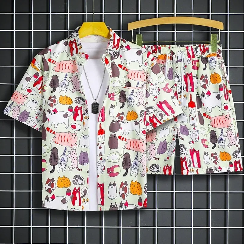 

Korean Cute Cats Full Printed Shirts Short 2 Piece Sets Men Couples Short Sleeve Outfits Hawaii Beach Casual Шорты Женский