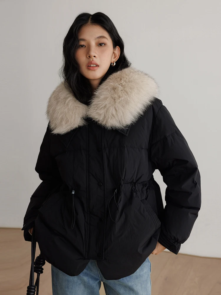 Chaqueta de plumón con cuello de piel auténtica de lujo para mujer, moda de invierno 2026, abrigo acolchado corto con cintura ajustable, prendas de vestir holgadas INKEO DJ631