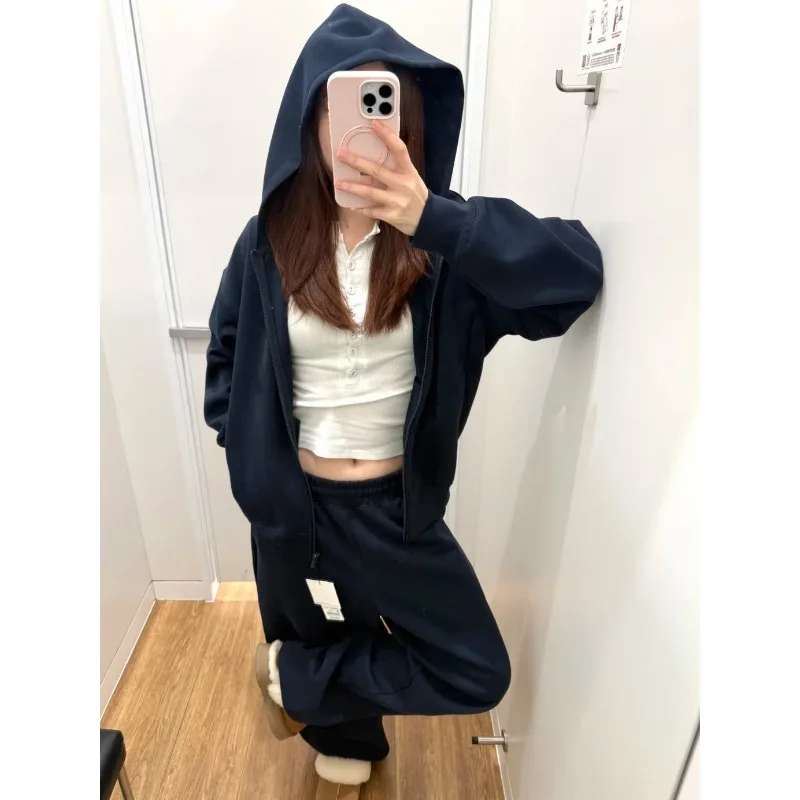 Japanese Korean Retro Classic Solid Hooded Loose Zipper Hoodie 2026 Autumn Casual Fashion Basic Commuting Female Clothing