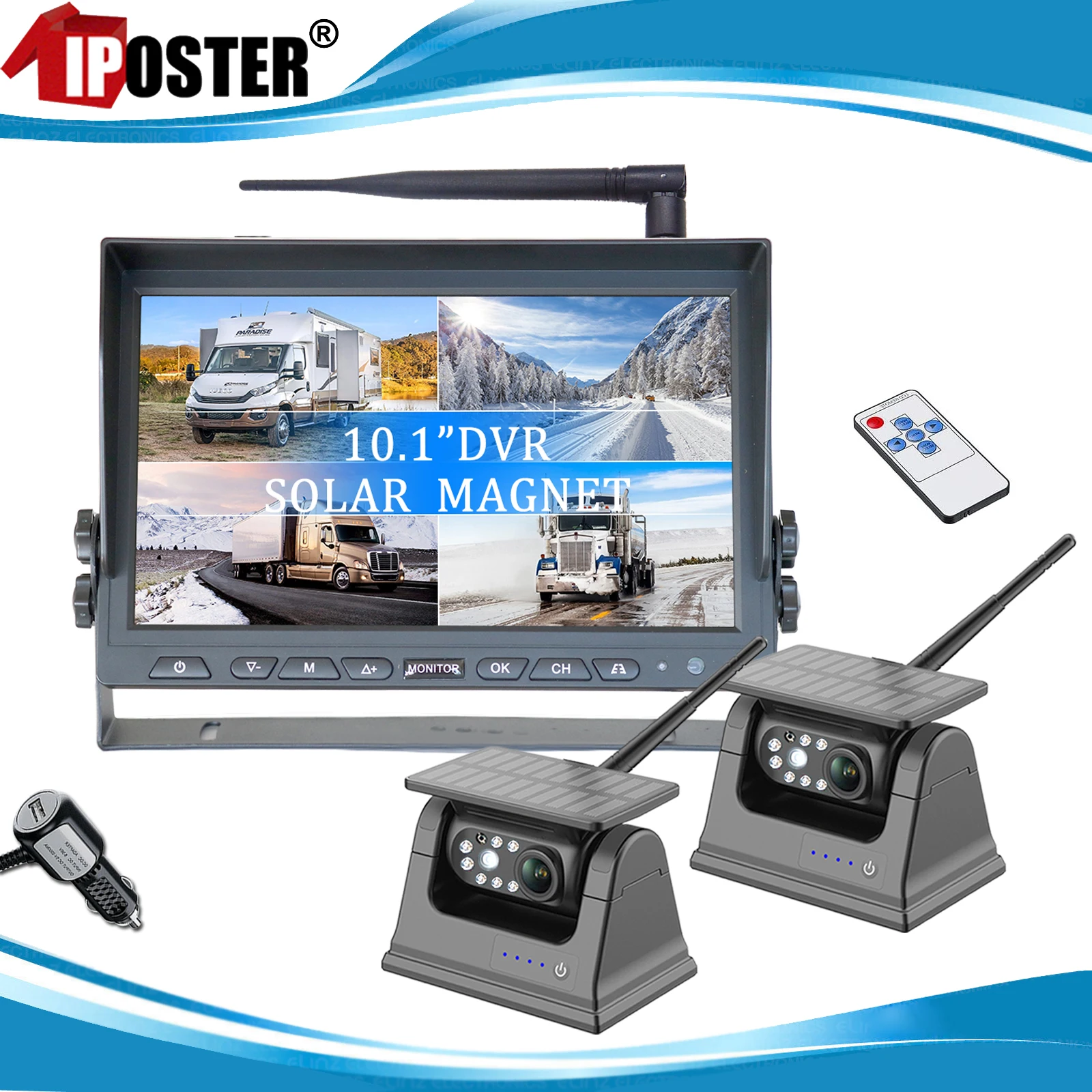 

iPoster Digital Wireless 10.1 Inch QUAD Monitor DVR Video Recording+2xSolar Panel Magnetic Base Rear View Reversing Camera Truck