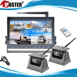 iPoster Digital Wireless 10.1 Inch QUAD Monitor DVR Video Recording+2xSolar Panel Magnetic Base Rear View Reversing Camera Truck