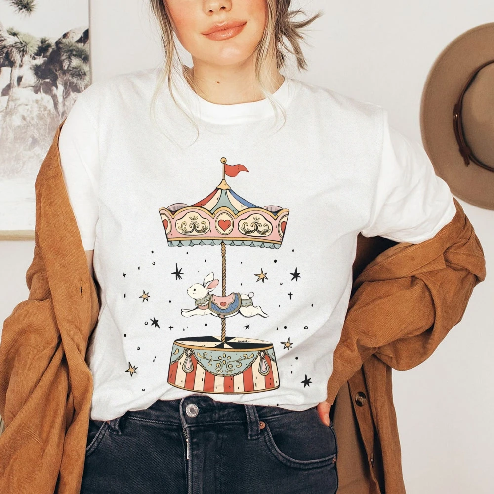 

Graphic T-shirt Carousel Rabbit T-shirt All Cotton High Quality Oversize Colorful Tee Merry Go Round Print Nostalgic Y2K Trend