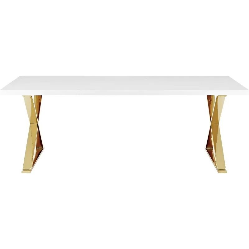 طاولة طعام حديثة مقاس 87 بوصة مع قاعدة X ذهبية، لمسة نهائية من الذهب الأبيض، تصميم معاصر #6