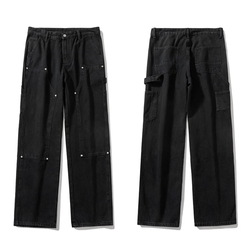 Washed Double Knee Logging Pants Men Women Straight Tube Loose Fitting American Wide Leg Worn-out Casual Pants Jeans