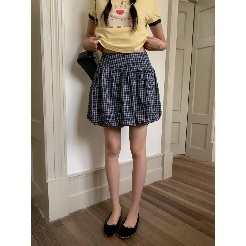

Summer Vintage Korean Retro High Street Low Waist Contrast Color Plaid Sweet Bud Skirt Loose Casual Pleated Pleated Sexy Skirt