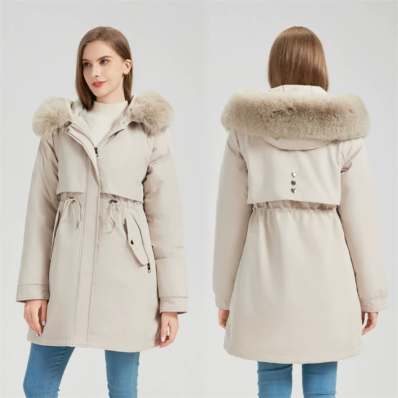 Jaket Parka Wanita Berkerah Bulu dengan Tudung, Panjang Sedang, Berlapis Kapas, Lengan Dapat Dilepas, Lapisan Beludru Tebal, Mantel Musim Dingin, Pakaian Luar Wanita