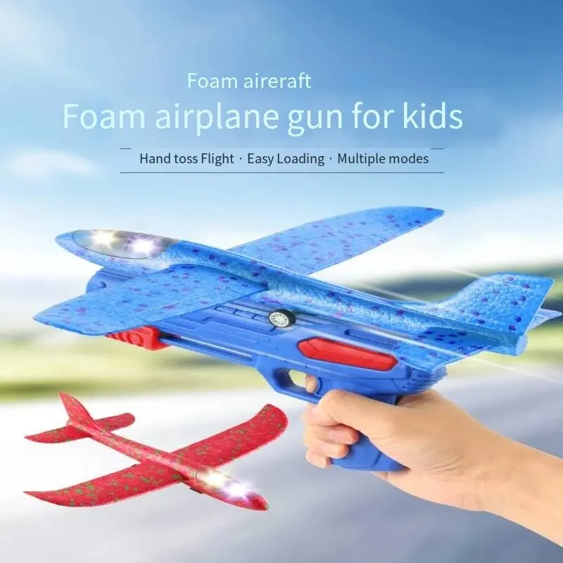 Glowing Foam Aircraft 10M Launcher Catapult Glider Aircraft Gun Toy Children's Outdoor Game Bubble Model Shooting Flying Roundab