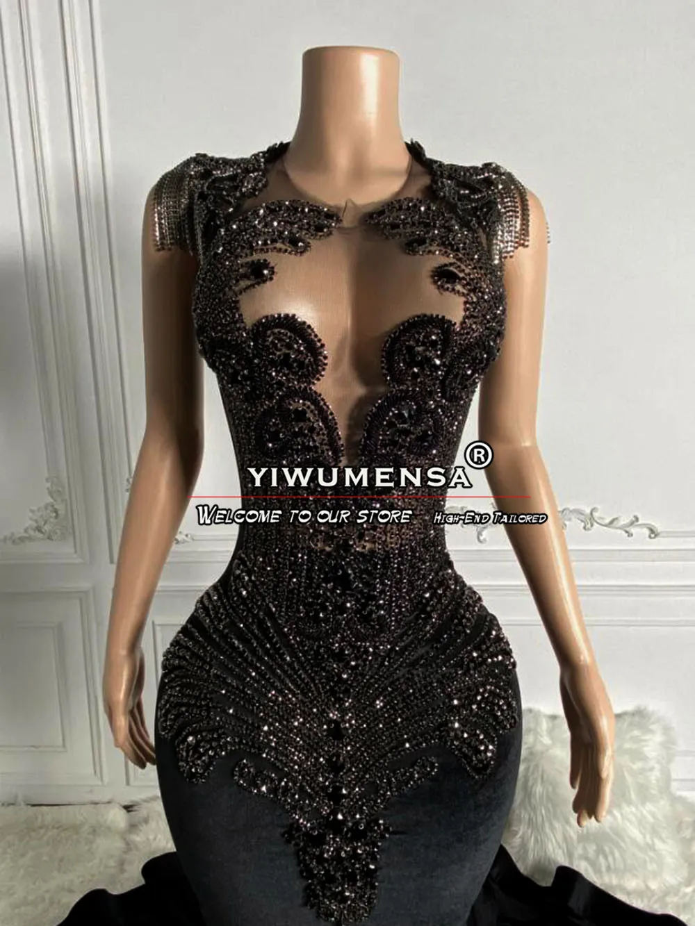 Vestidos de graduación de sirena con cuentas de cristales de lujo sin mangas, terciopelo negro, vestidos de noche de fiesta de cumpleaños para niñas, vestidos de gala