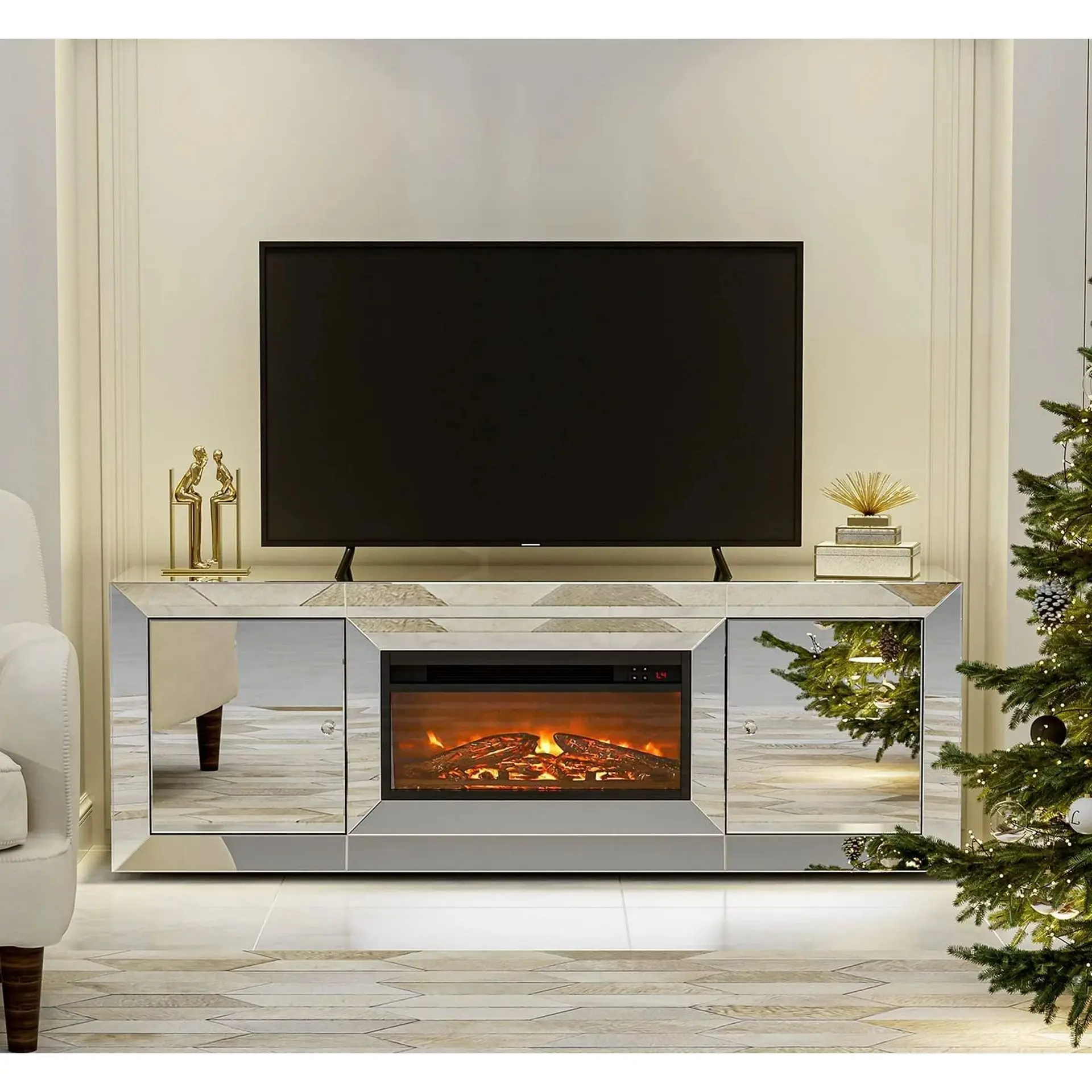 High-end silver mirror fireplace TV stand for 65 inch TV with 7-color transformation & 3D realistic flame