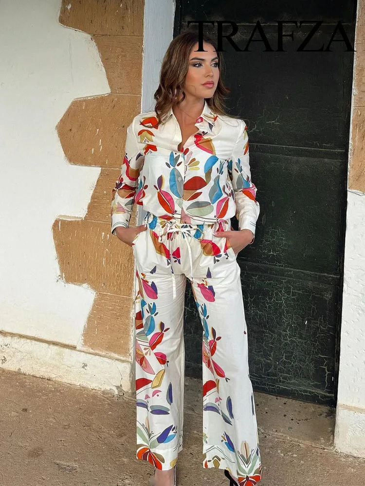 TRAFZA Women New Fashion Suit Print Turn-Down Collar Long Sleeves Buttons Single Breasted Shirts+Elastic Wais Wide Leg Pants