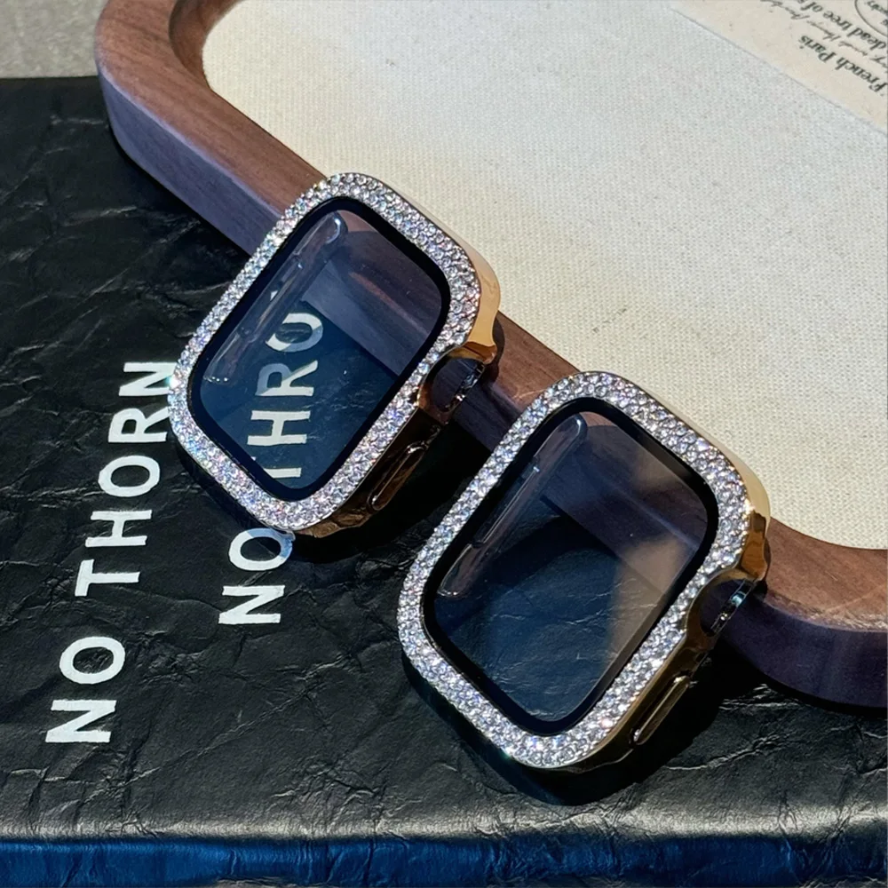 Penutup Berlian untuk Casing Jam Tangan Apple 45Mm-44Mm 41Mm-40Mm Kaca Antigores + Pelindung Layar Bumper Bling Seri IWatch SE 9 8 7 6 5 4