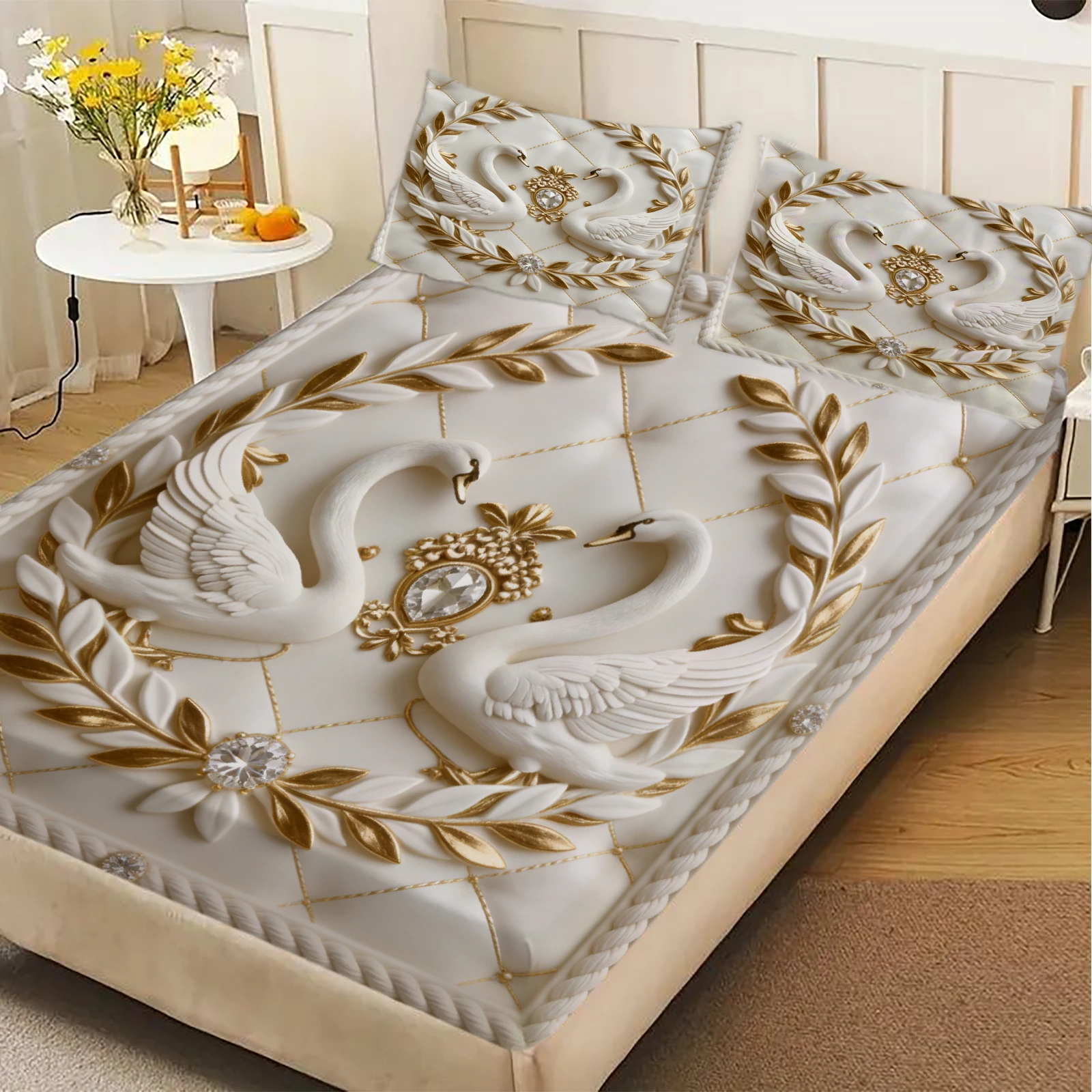 Elegant Quilted Fitted Sheet Set White With Gold Butterflies And White Flowers With Pillowcases For Bedroom Decor