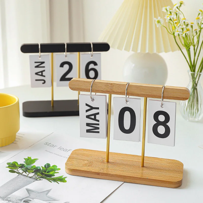 1Pcs Desktop Calenda Simple Wooden Base Manual Page-Turning Hanging Tags Calendars Desk Calendar Table Decor Office Supplies