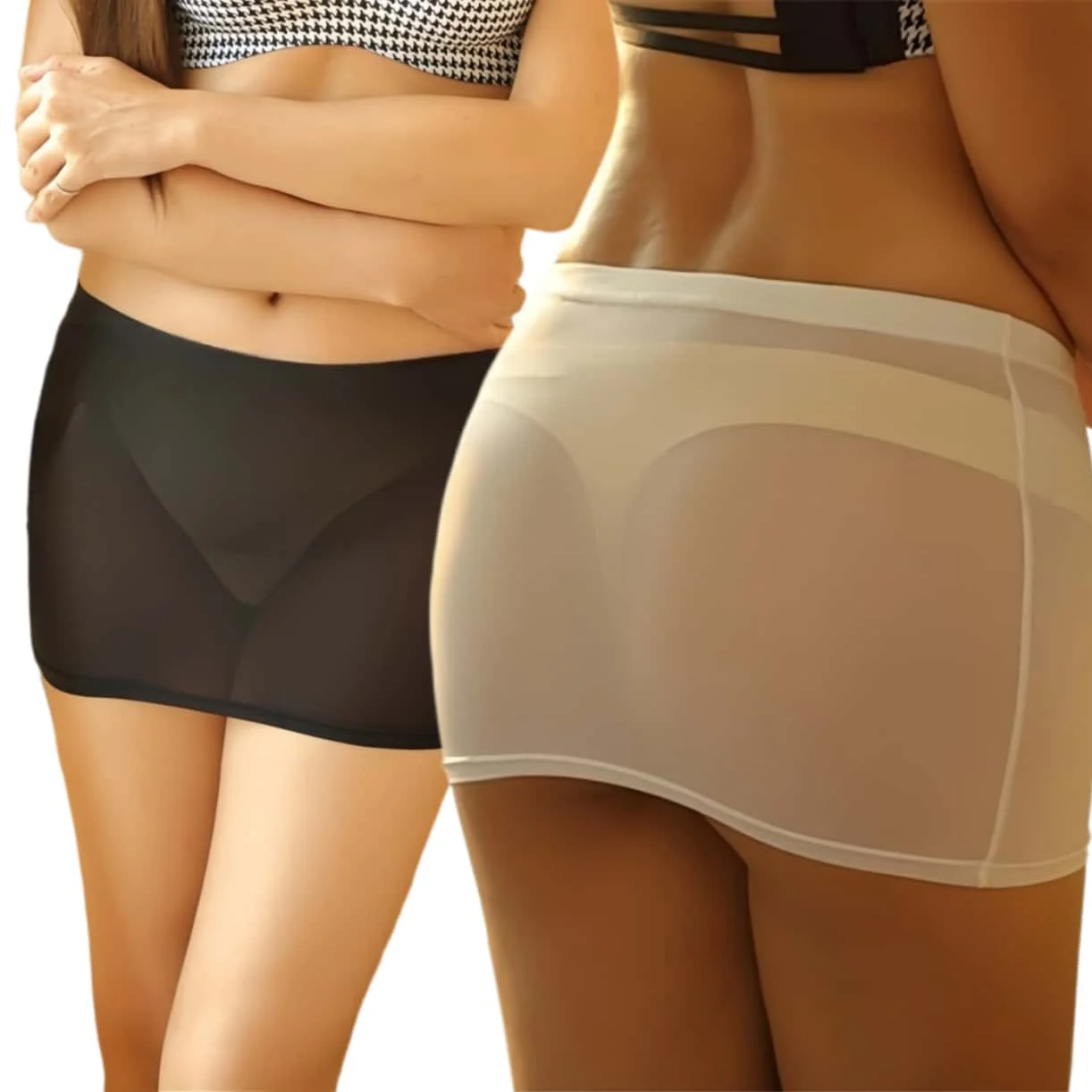 

FREEAUCE Korean Sheer Bodycon Silk Mini Skirt Solid Color Sexy Slim Thin High Waist Pencil Short Skirts for Women Black White XL
