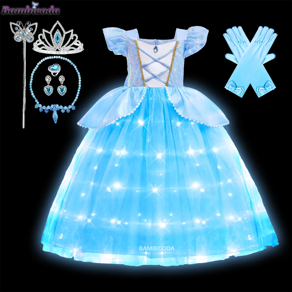 Cinderella Cosplay Costume Kids LED Light Dress Up Clothes for Girls Sequins Princess Dress Crown Glove Birthday Party Ball Gown