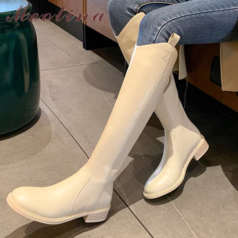 

Meotina Women Genuine Leather Knee High Riding Boots Round Toe Flat Zipper Ladies Fashion Long Boot Autumn Winter Shoes Beige 42