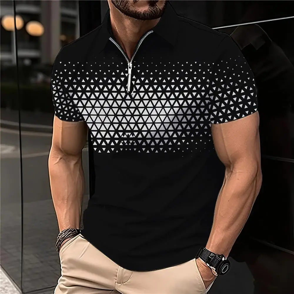 Zipper Men\'s Polo Short Sleeved Casual Men\'s Clothing Micro Elastic Breakable Zipper Polo Men Fashion Top Daily Shirt