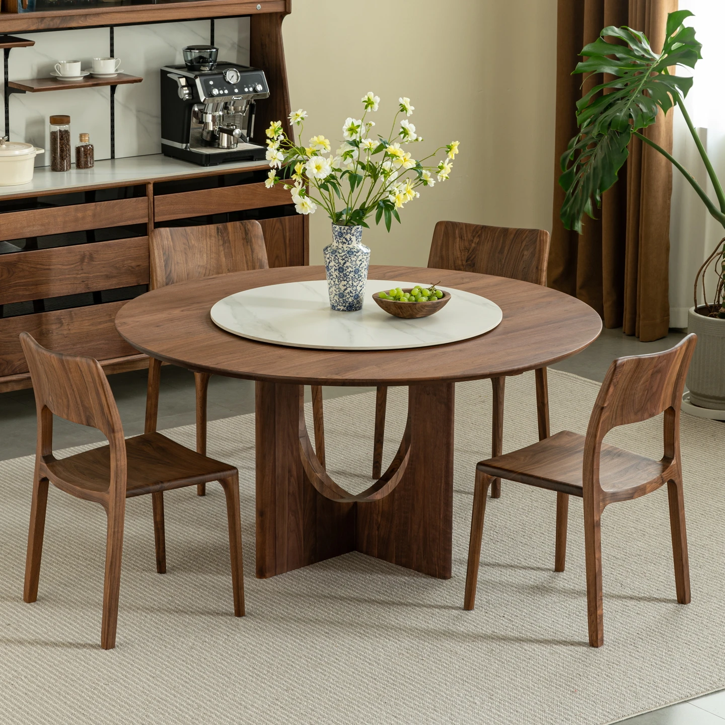 

Customizable North American Black Walnut Solid Wood Round Dining Table Turntable Villa Modern