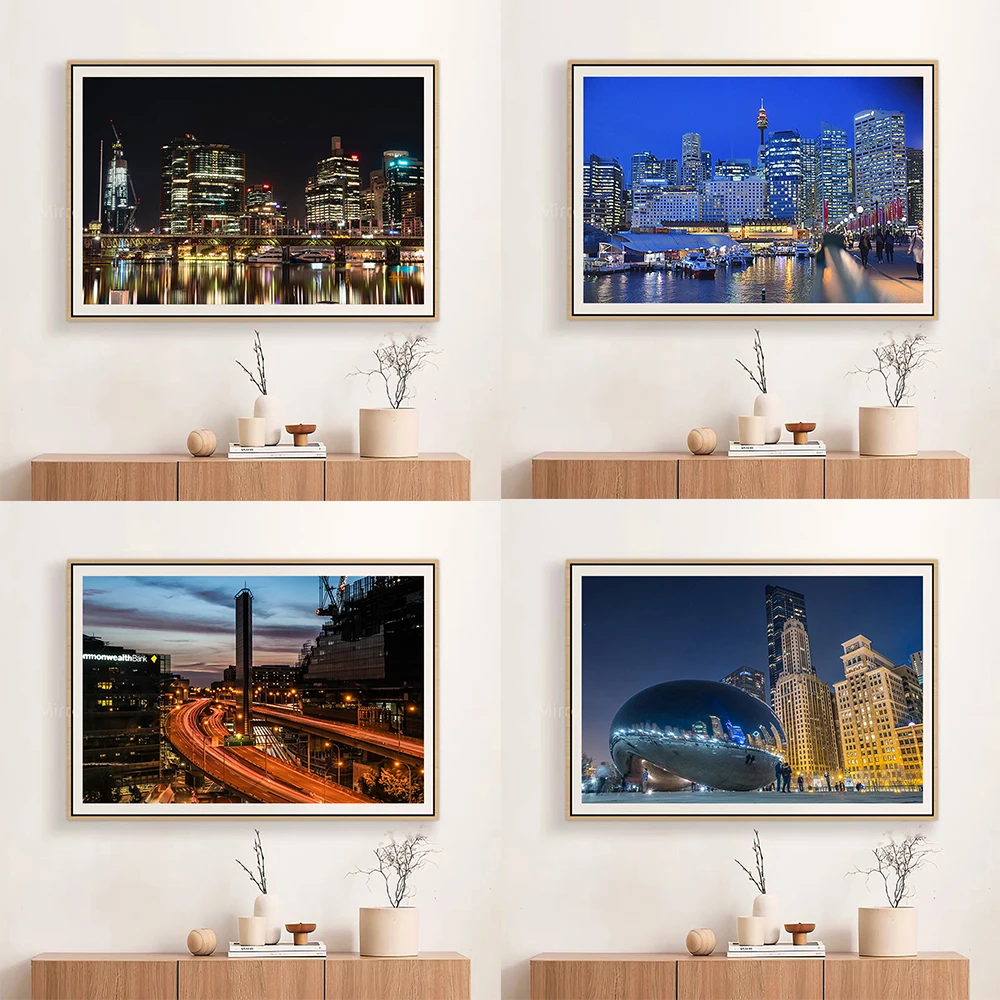 YJ007 Darling Harbour Gorgeous City Nightscape Famous Building Silk Fabric Poster Wall Art Decor Fashion Gift