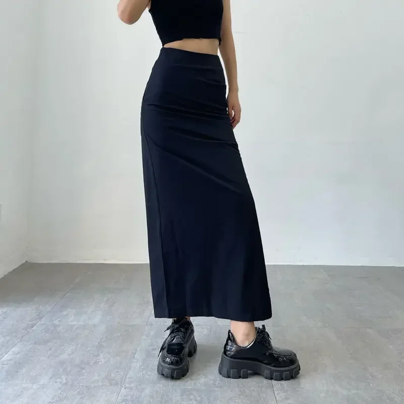 Maxi saias femininas de cintura alta sólida verão fenda lateral estilo retro americano minimalista vintage all-match básico faldas mujer