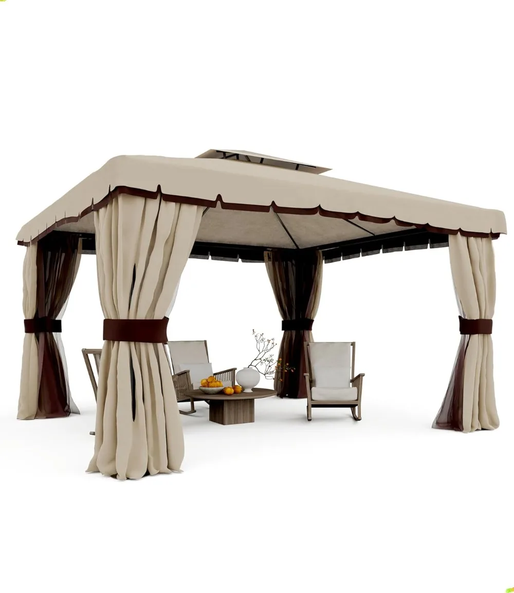 13 x 13 Ft Outdoor Gazebo, Double Roof Patio Gazebo with Shade Curtains and Netting Waterproof Sunshade for Backyard, Deck