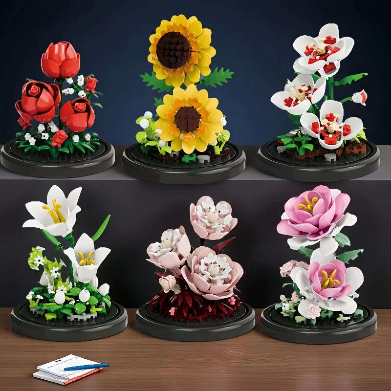 

Building Block Flower Plant Model - Desktop Plant Decoration Ornament - Birthday Gift Decoration, Gift for Friends and Family, S