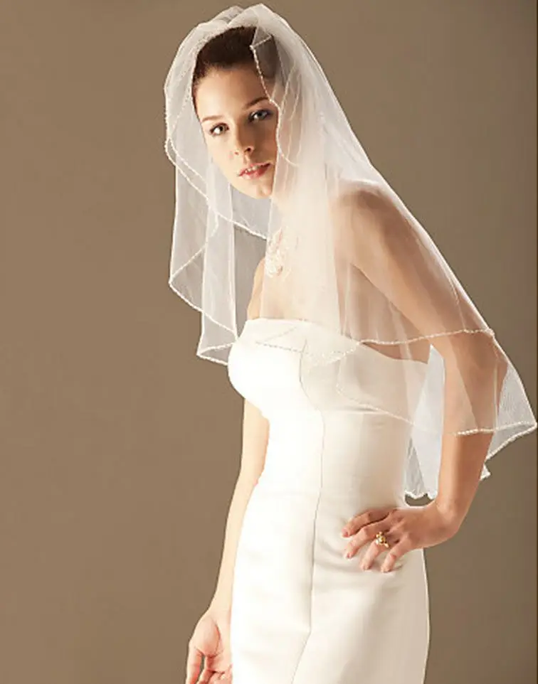 Real Image  Romantic  In Stock Simple Line Edge Pearls  2T Lvory White Elbow  Wedding Veil  Bridal Veils  With  Comb