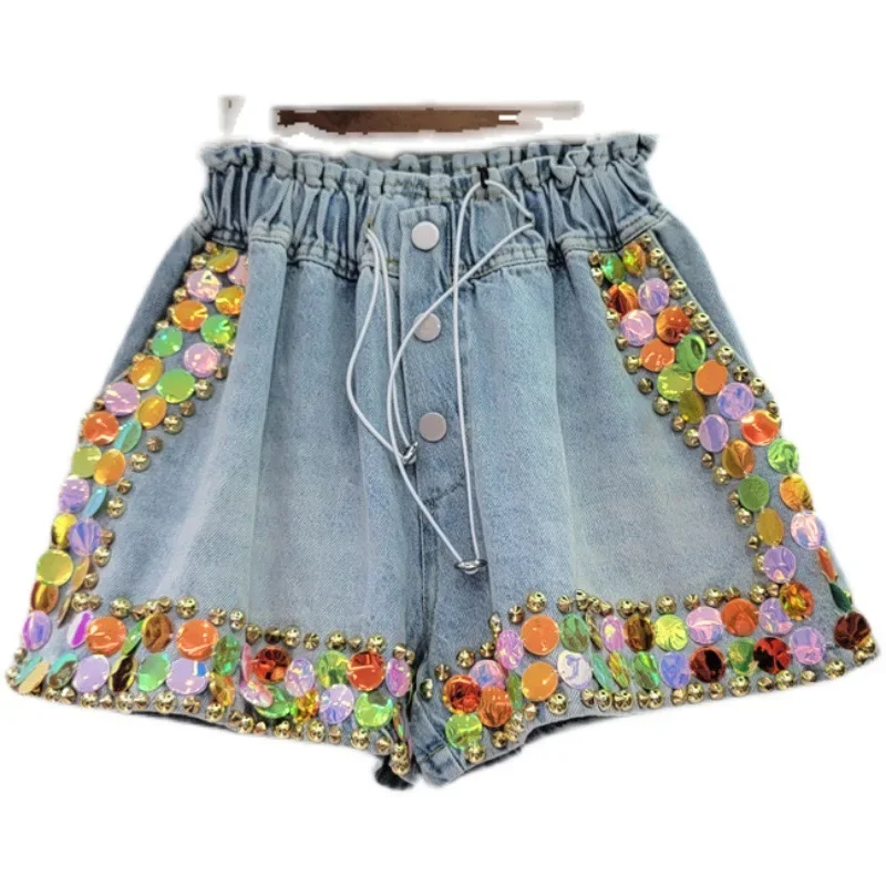 

Women Summer Colorful Diamonds Beaded Denim Shorts Handmade Rhinestones Wide Legs Shorts High Waist Elastic Sequined Jeans Pants